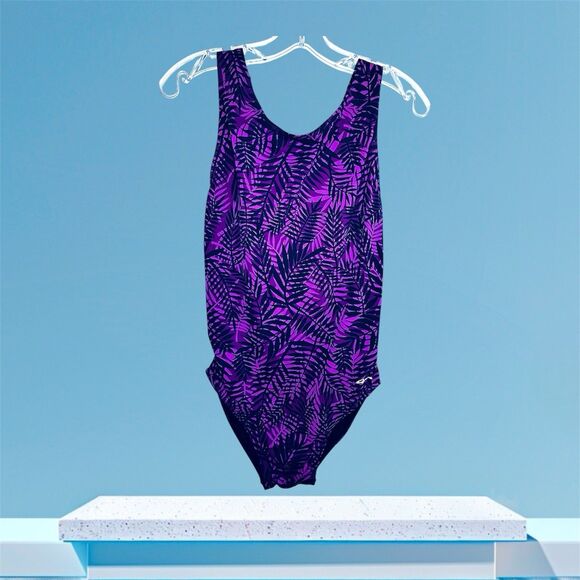 Dolphin Ocean Aqua Shape One Piece Swim Suit Size 12 Racer Back Lap Suit Purple - Picture 1 of 6
